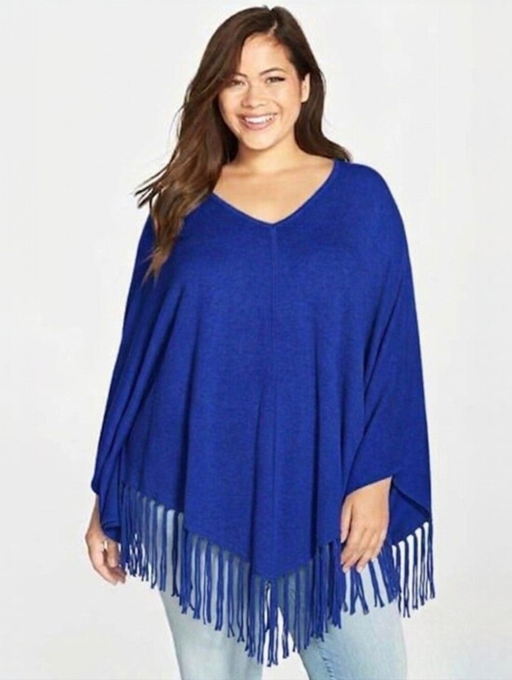Seven7 x Melissa McCarthy Royal Blue Vneck Fringe Sweater Poncho Women's 3X
